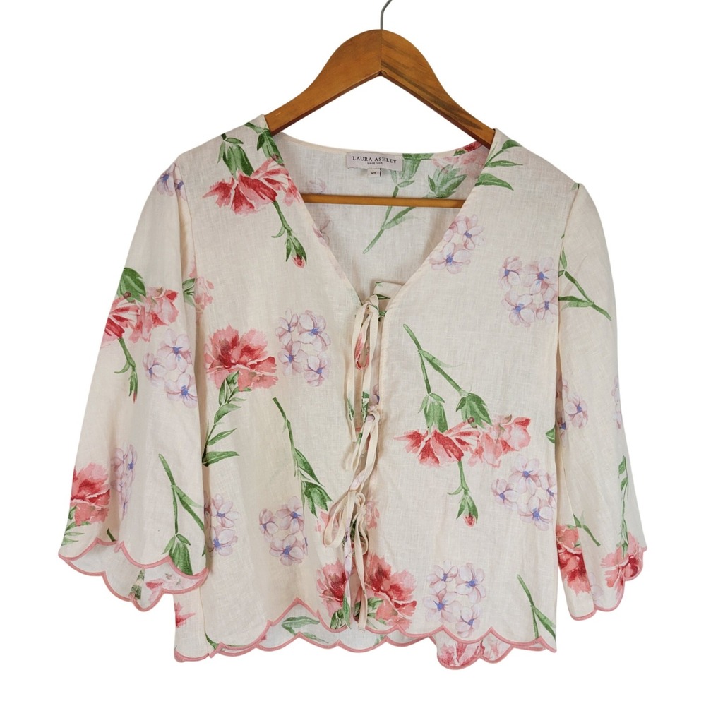 Laura Ashley Linen Blend Tie Front Blouse Top Floral Size Extra‎ Small Cream